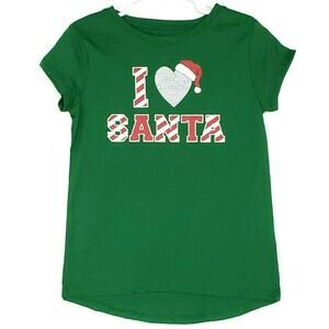 I‎ Love Santa Tshirt Girls Sz S Green Silver Glitter Christmas Festive Holiday